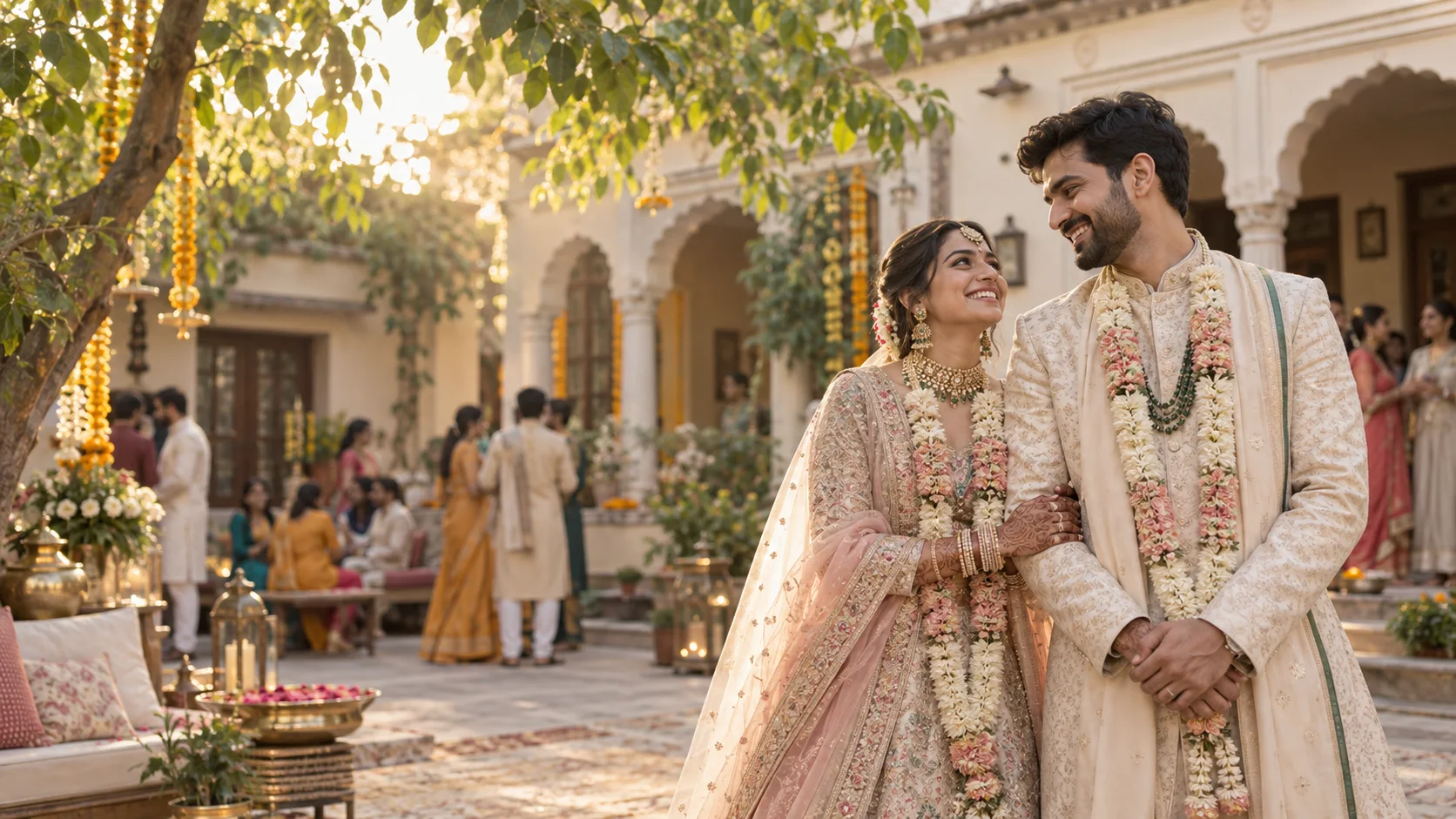 A couple celebrating their wedding in a warm heritage courtyard.