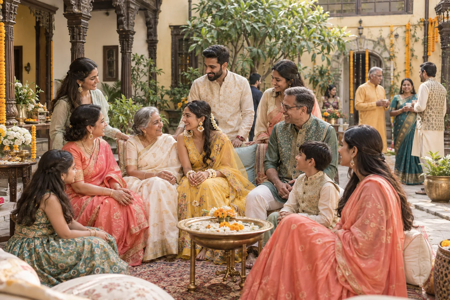 Family and friends gathering outdoors during an Indian wedding celebration.