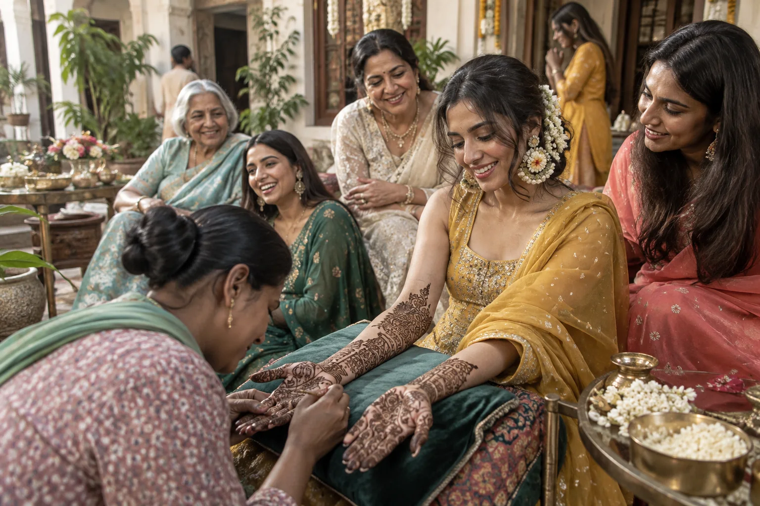 Guests sharing a relaxed mehendi moment during a wedding celebration.