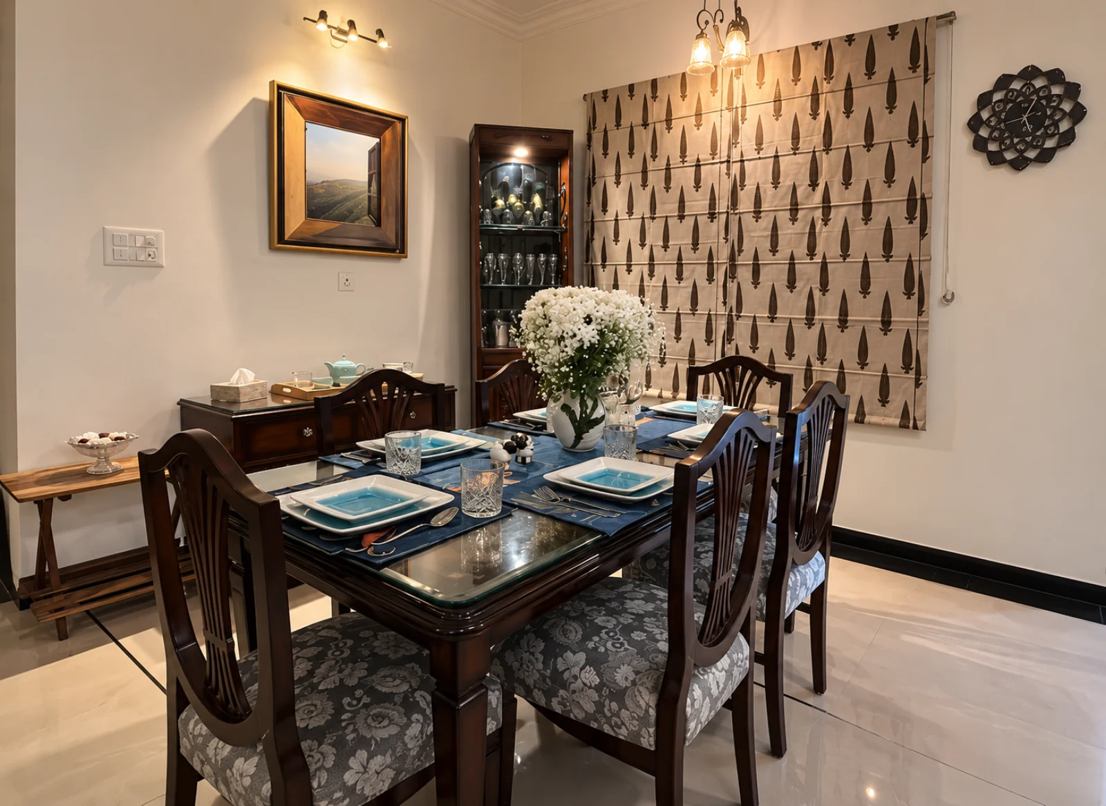 A warmly set dining table prepared for an intimate family celebration.